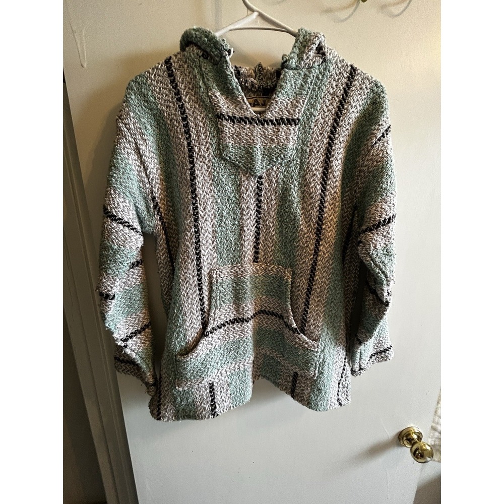Baja Joe Teal Striped Mexican Hippie BOHO Pullover Hoodie Sweatshirt Read Am